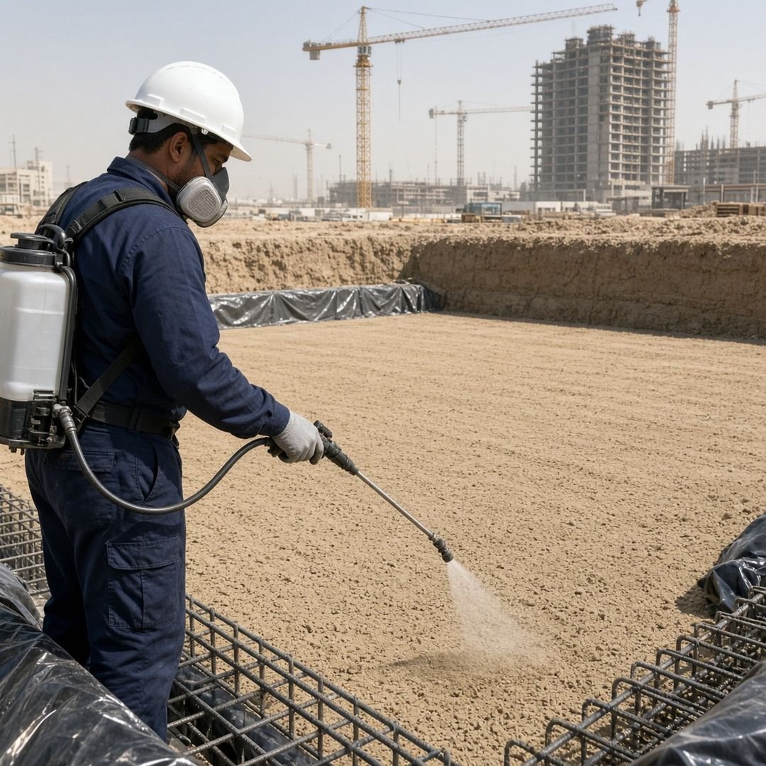 Technician spraying anti-termite treatment on foundation soil at a Dubai construction site
