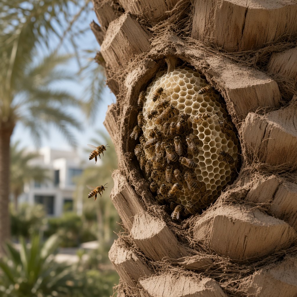 Honey bees on wax comb inside a gap in a date palm trunk in a Dubai garden