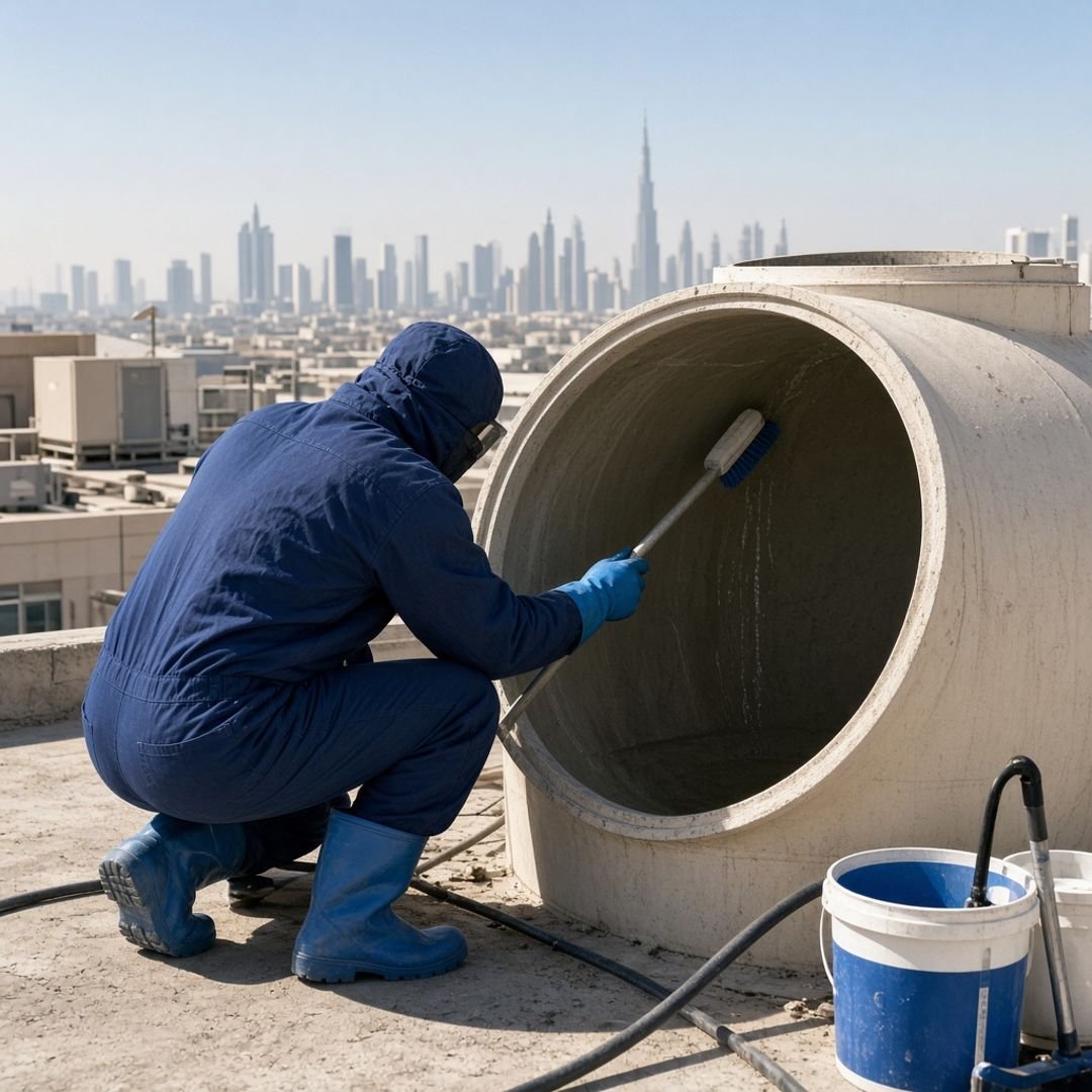 Technician in navy coveralls cleaning a white rooftop water tank on a Dubai villa, with a pressure hose and the skyline behind