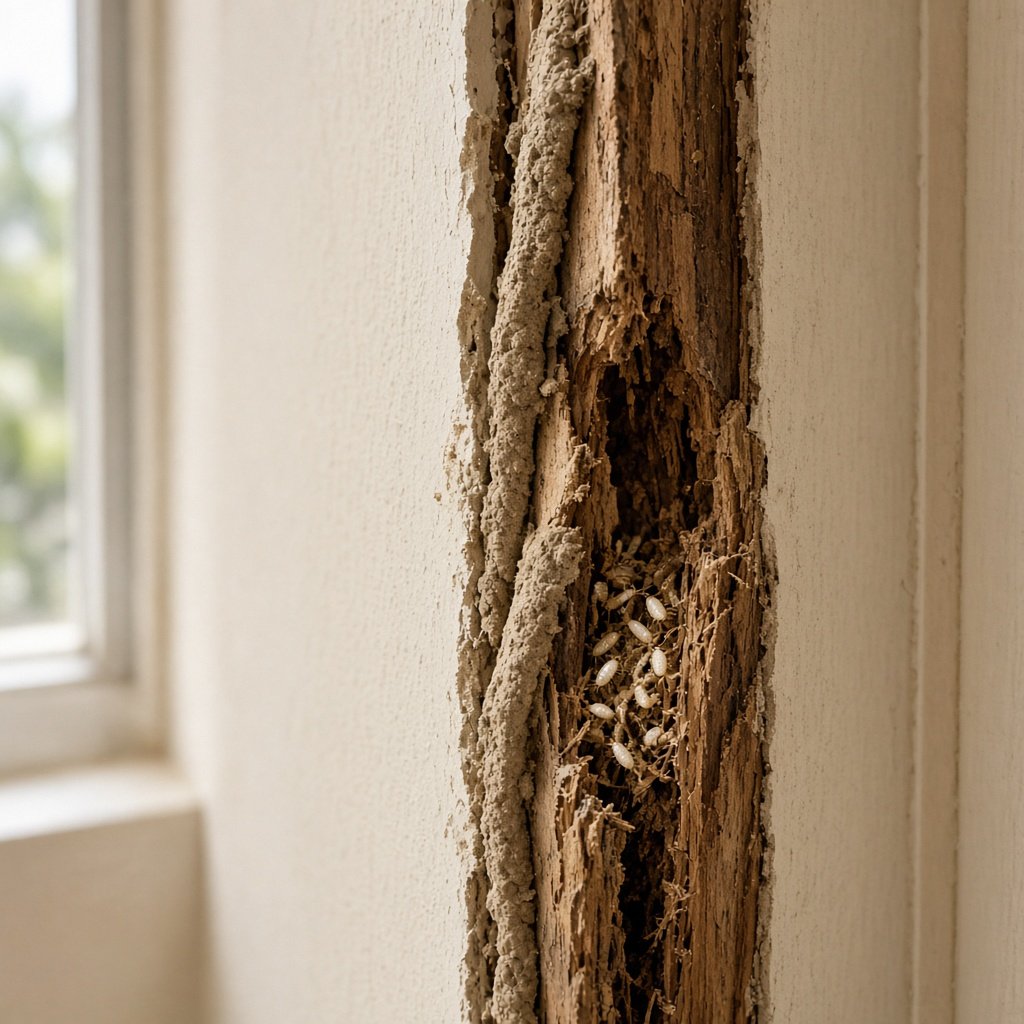 Termite mud tubes and hollowed timber on a villa door frame