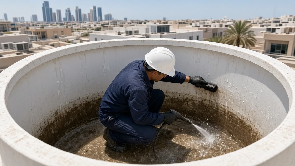Technician in navy coveralls scrubbing and rinsing inside an open rooftop water tank, with the Dubai skyline behind