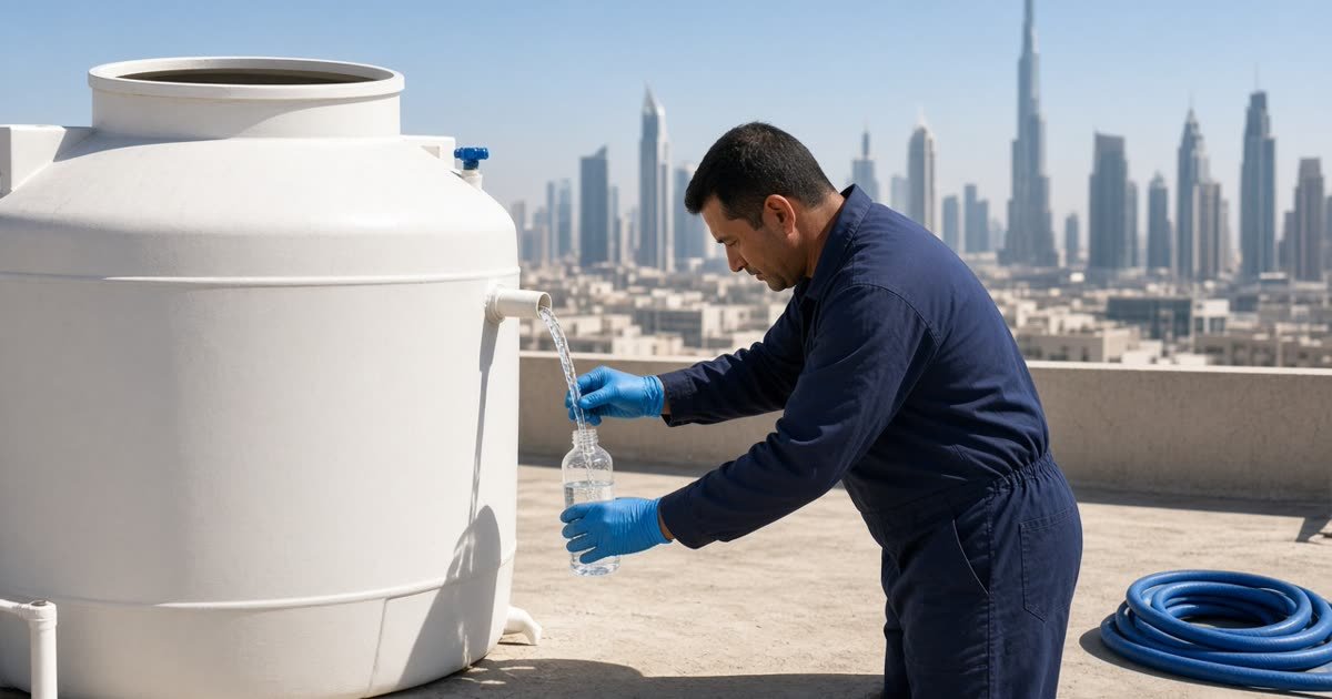 Gloved technician in navy coveralls filling a sample bottle from a rooftop water tank, with the Dubai skyline behind