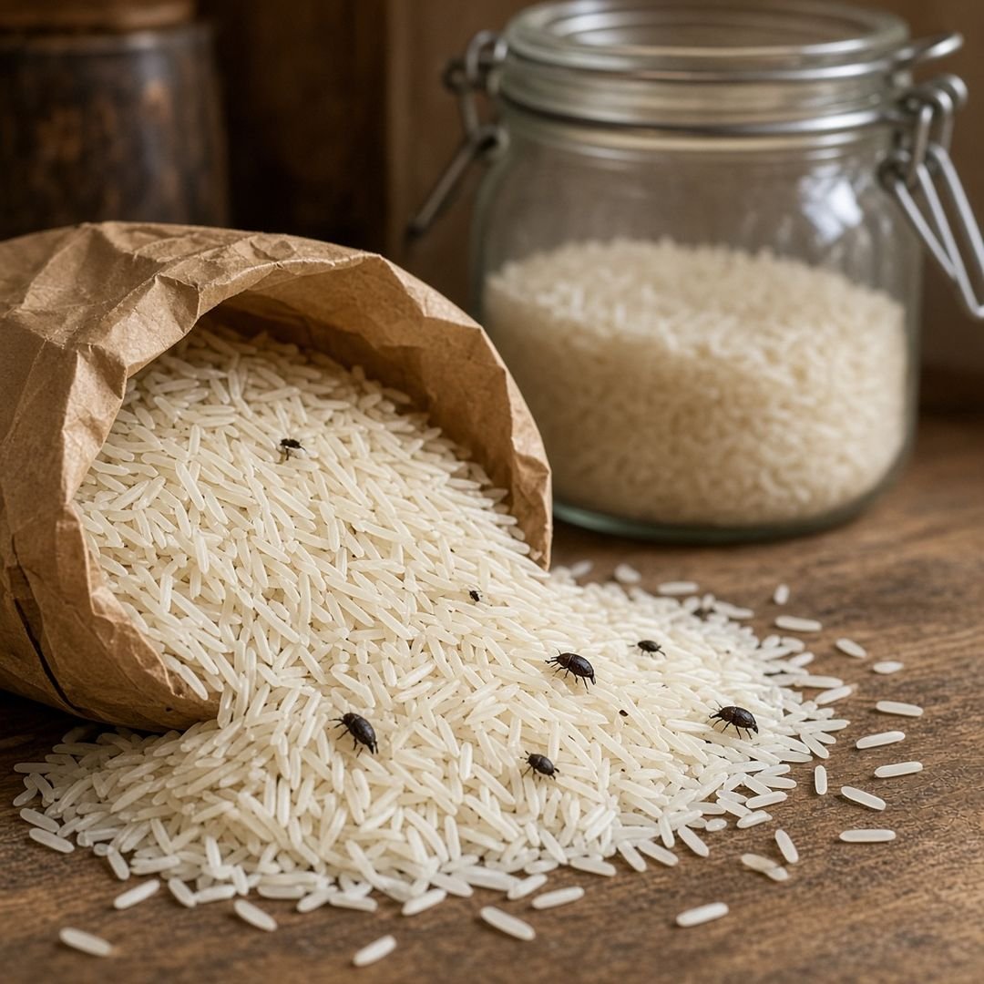 Rice weevils on spilled basmati rice from an open paper bag, beside a sealed glass jar on a wooden counter