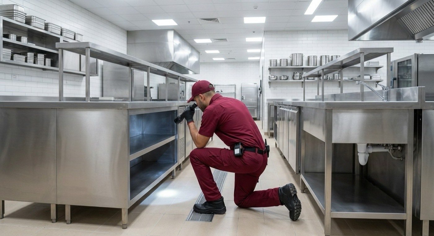 Quick Pest Control technician inspecting a restaurant kitchen