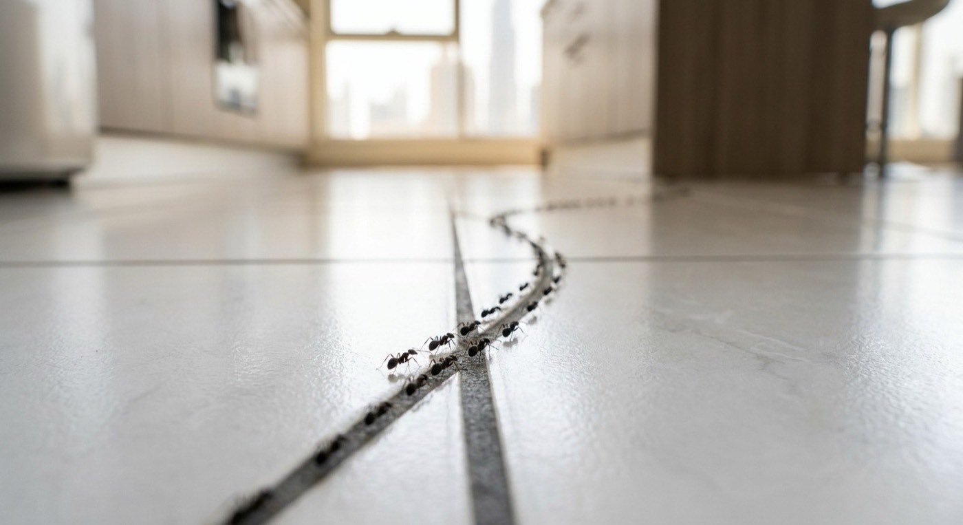 Trail of ants along kitchen floor tile grout
