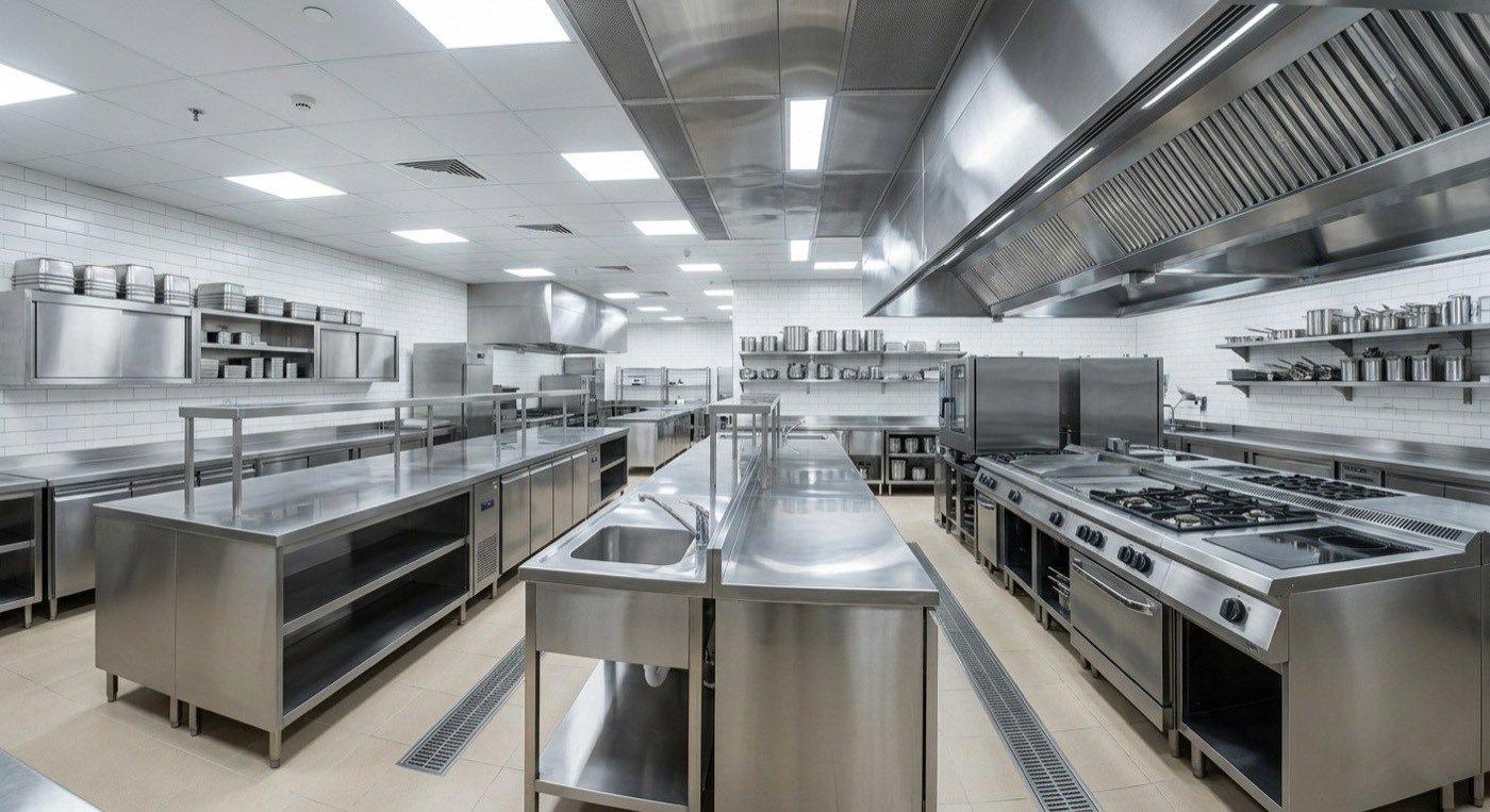Stainless-steel commercial restaurant kitchen