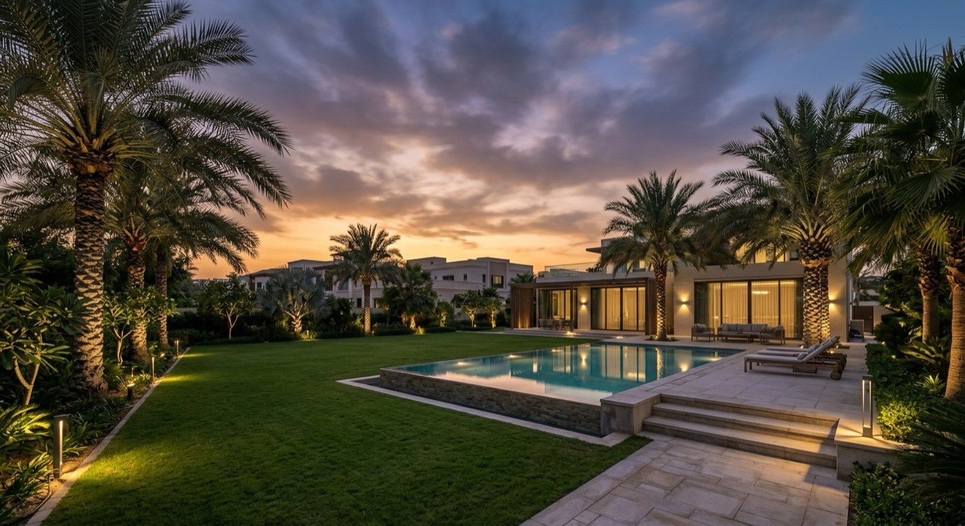 Dubai villa garden and pool at dusk, where mosquitoes breed