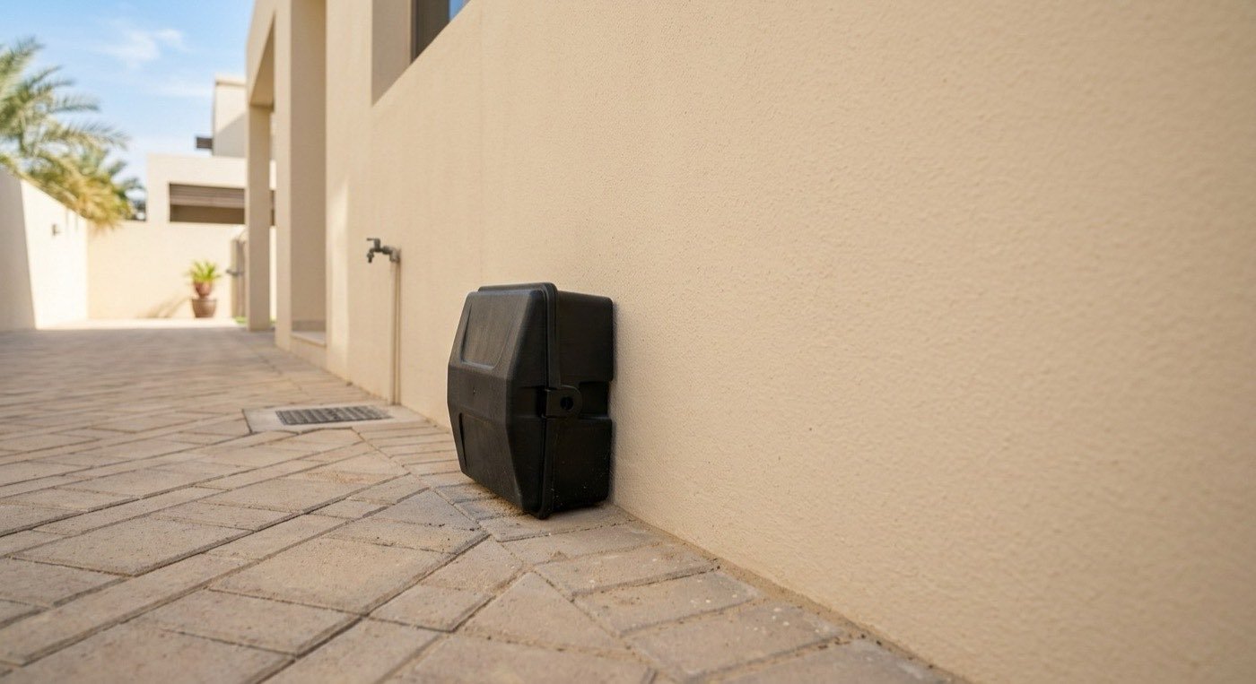 Tamper-proof rodent bait station against a villa wall in Dubai