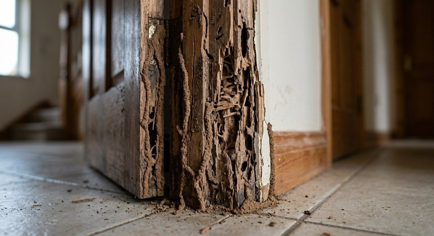 Termite damage and mud tubes on a wooden door frame