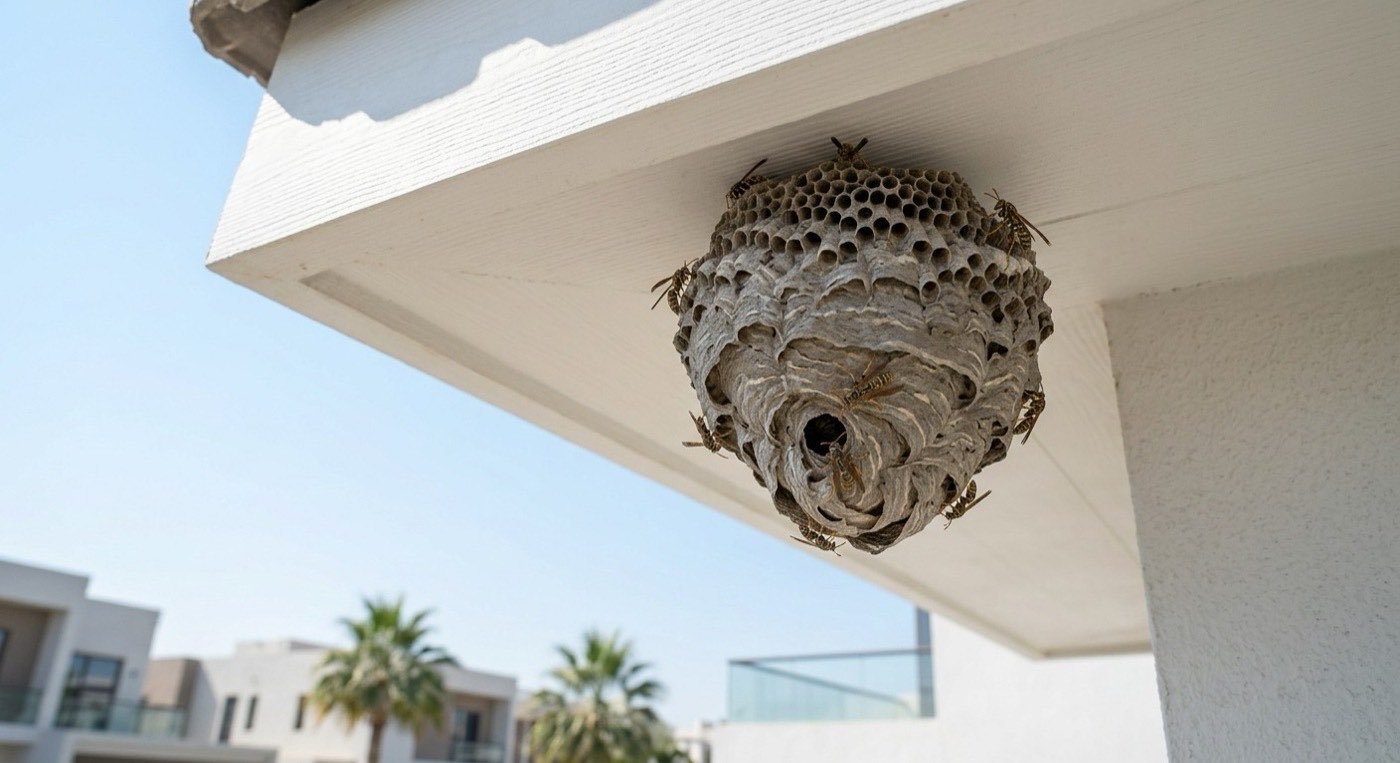 Paper wasp nest under a villa roof eave
