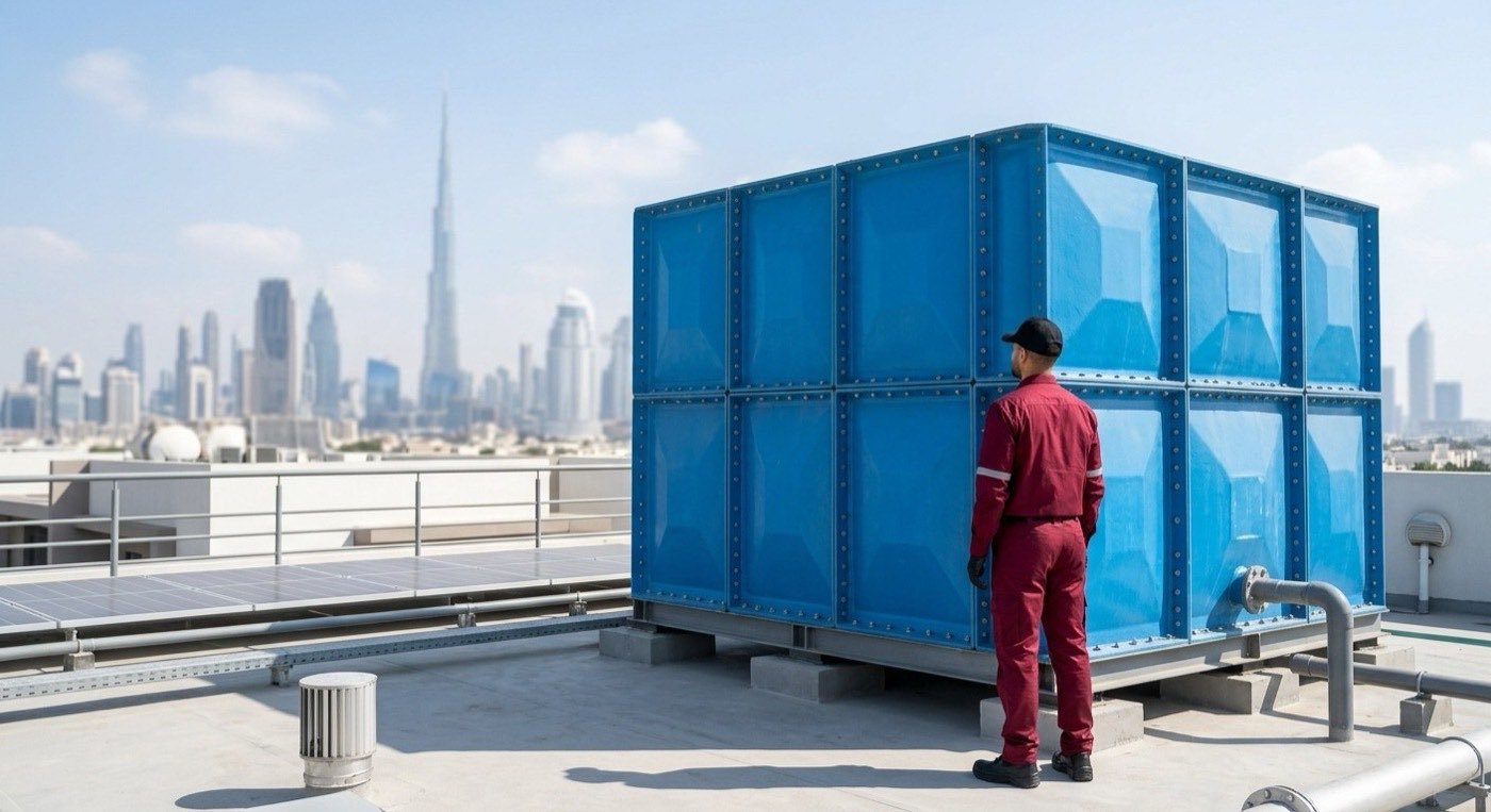 Technician beside a rooftop GRP water tank in Dubai